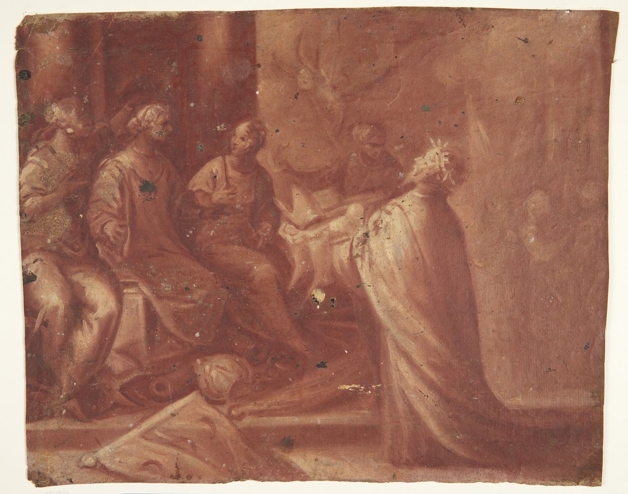 Jesus überreicht einer Frau auf einem Thron eine Mitra, umgeben von zwei Frauen (Allegorie) von Ubekendt