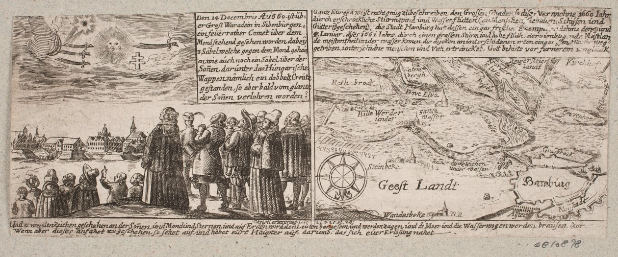 Komet, der in Grossvardein, Siebenbürgen, am 14. Dezember 1660 erschien, sowie Karte von Hamburg während der Sturmflut am 4. Januar 1661 von Ubekendt
