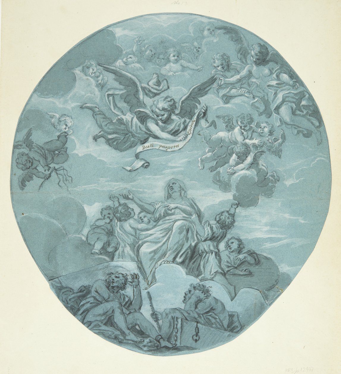Eine weibliche Heilige auf Wolken, umgeben von Putti, über ihr Engel, die ein Schriftband mit der Aufschrift: Beati pauperes spiritu halten von Ubekendt Ubekendt