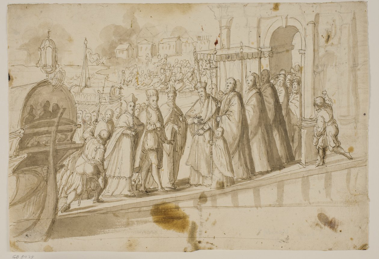 König Heinrich III., Doge Alvise Mocenigo und Kardinal San Sisto werden vom venezianischen Patriarchen Giovanni Trevisan auf dem Lido in Venedig empfangen von Ubekendt Ubekendt
