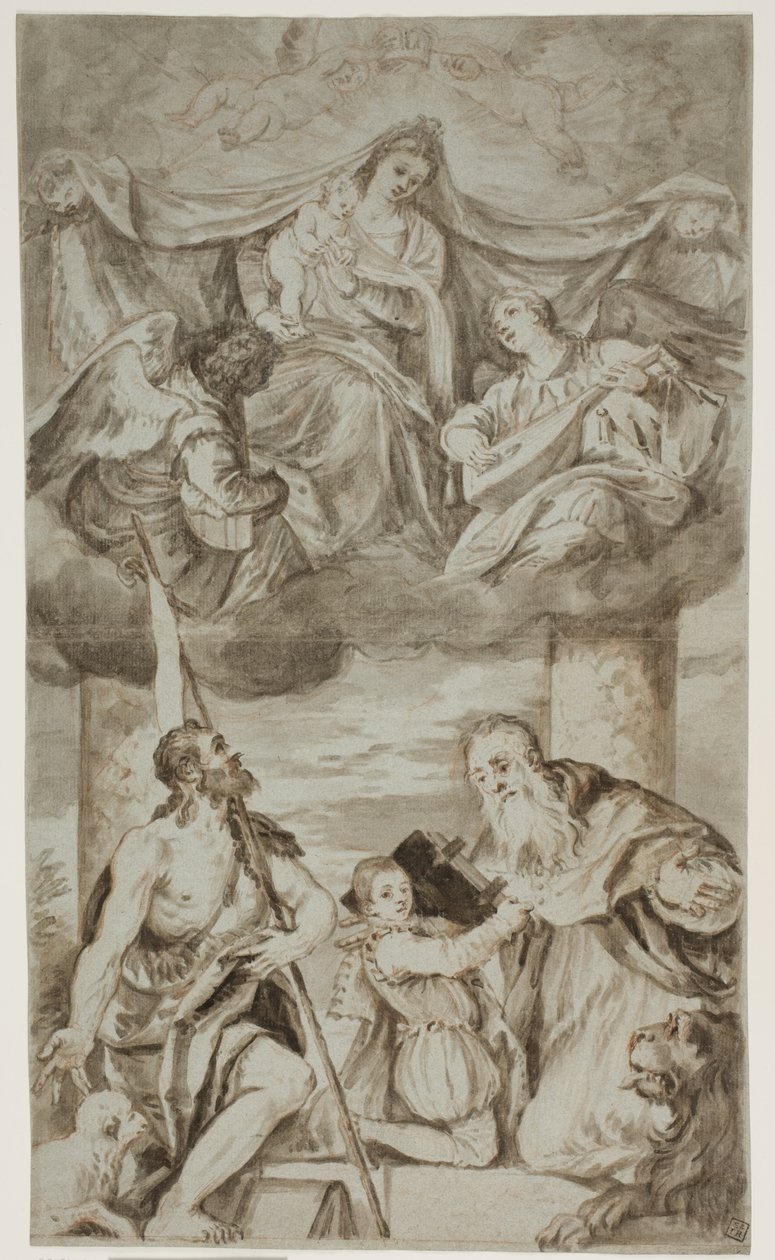 Die Jungfrau und das Kind unter Engeln in den Wolken mit den Heiligen Johannes dem Täufer und Hieronymus, nach Paolo Veroneses Gemälde ehemals in S. Francesco della Vigna, Venedig von Ubekendt Ubekendt