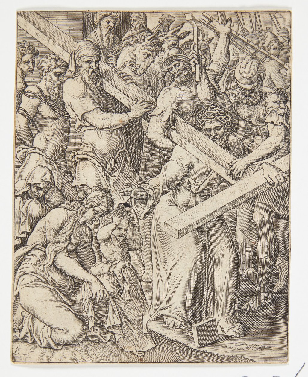 Christus trägt das Kreuz und das Wunder des Veronikatuchs von Ubekendt efter Dirck Volckertsz. Coornhert efter Maarten van Heemskerck