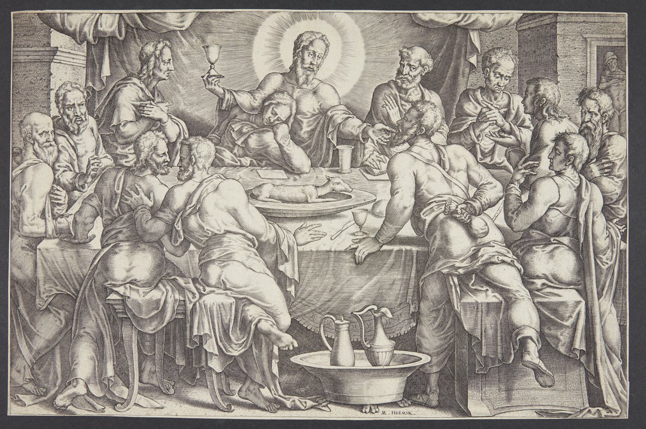 Christus sagt den Verrat des Judas Iskariot beim letzten Abendmahl voraus von Ubekendt efter Maarten van Heemskerck