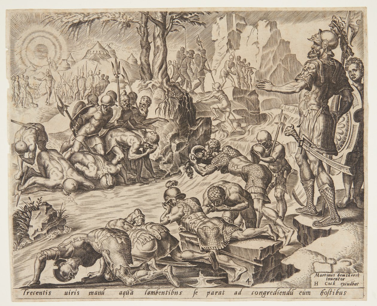 Gideon beobachtet, wie die Soldaten trinken von Ubekendt efter Maarten van Heemskerck