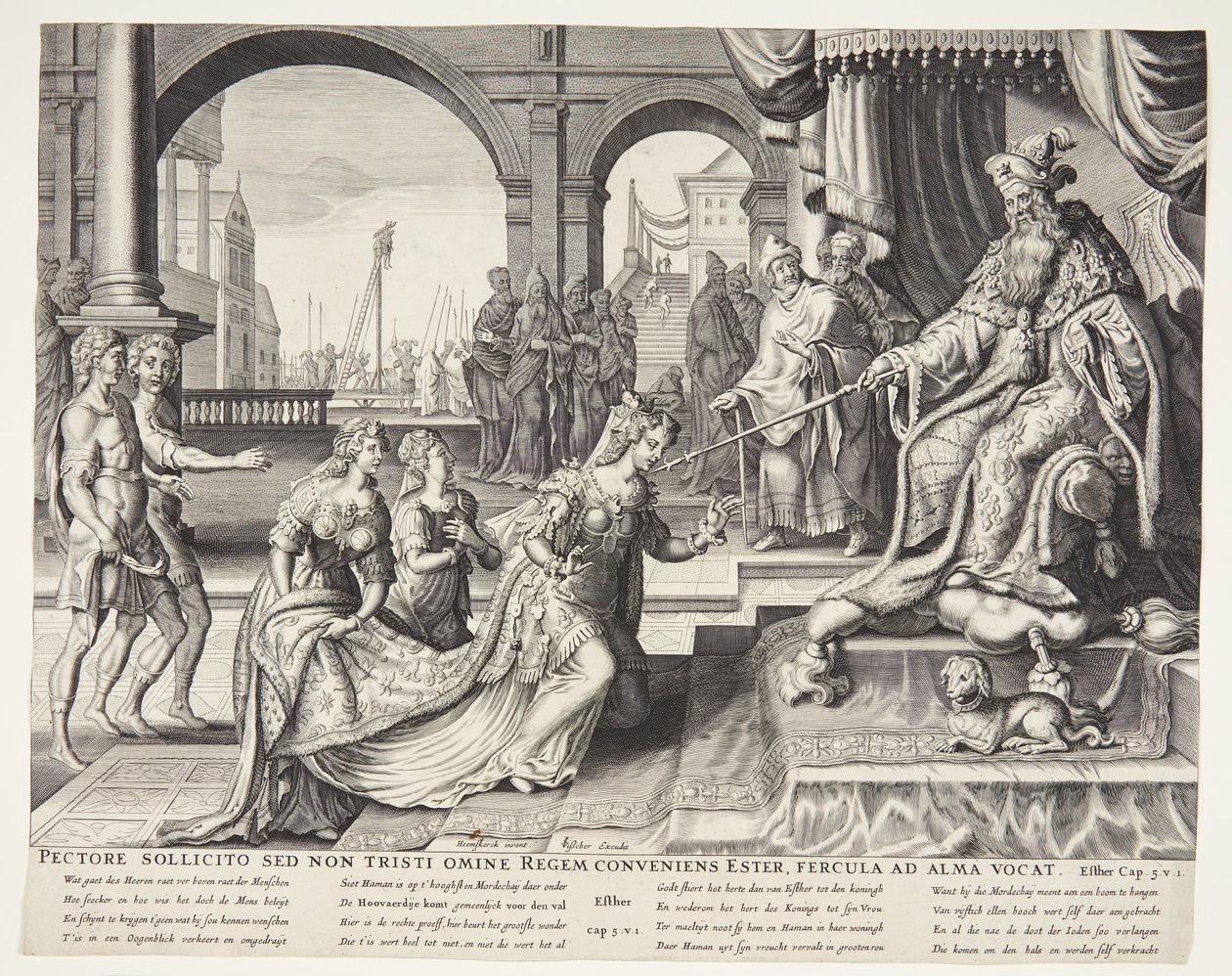 Esther vor Ahasverus, ihn zu einem Bankett einladend von Ubekendt efter Philips Galle efter forlæg af Maarten van Heemskerck