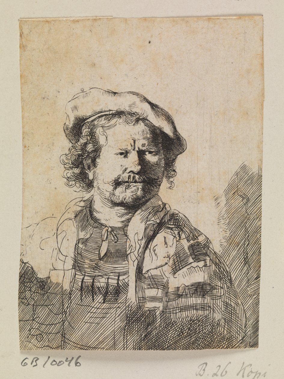 Rembrandt mit flacher Mütze und besticktem Kleid von Ubekendt efter Rembrandt
