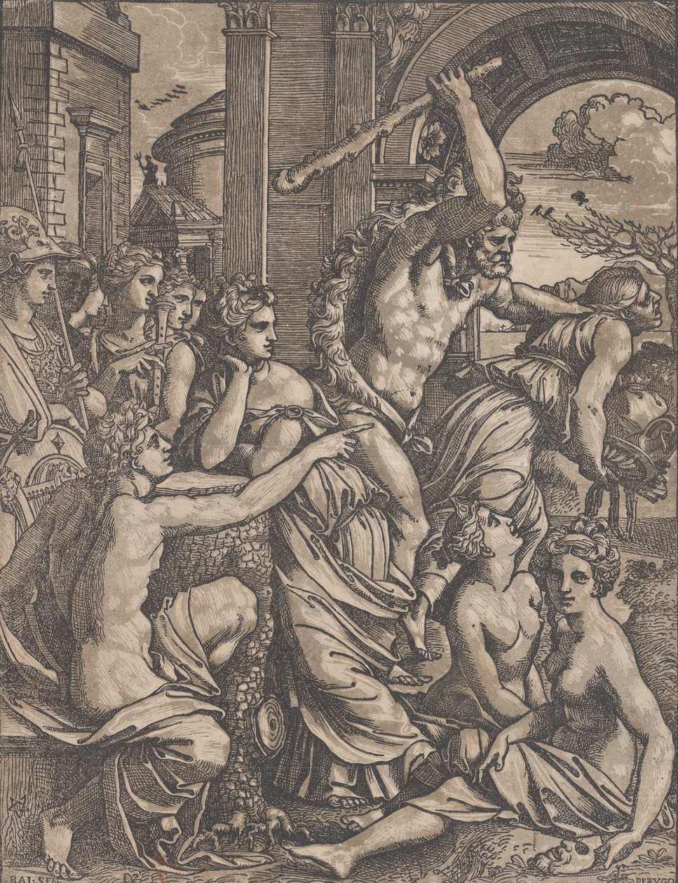 Herkules vertreibt die Habgier aus dem Tempel der Musen von Ugo da Carpi