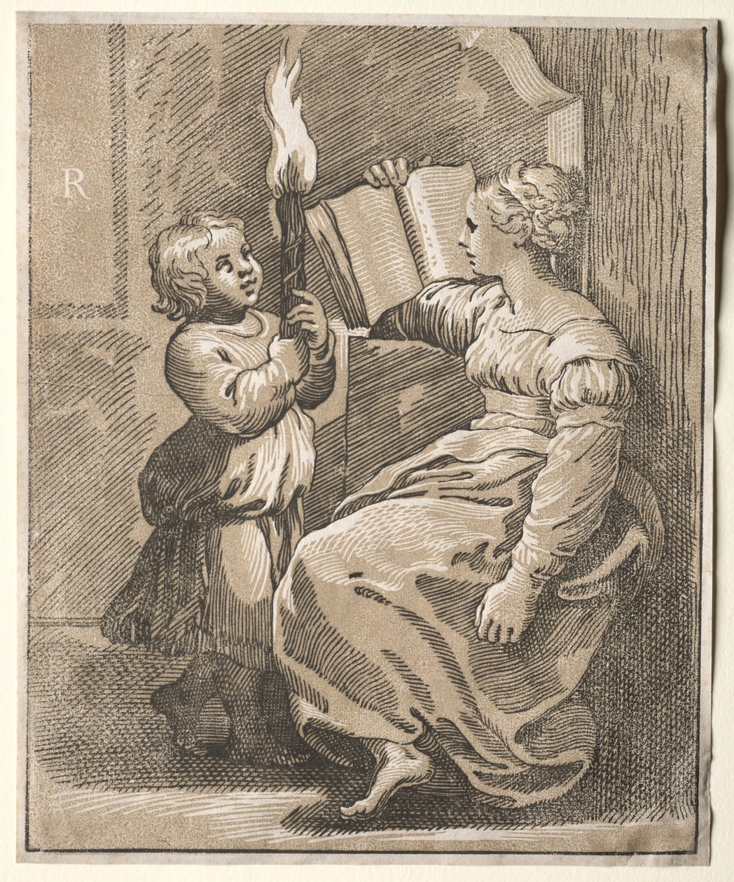Sibylle liest mit einem Kind, das eine Fackel hält, 1518-1527 von Ugo da Carpi