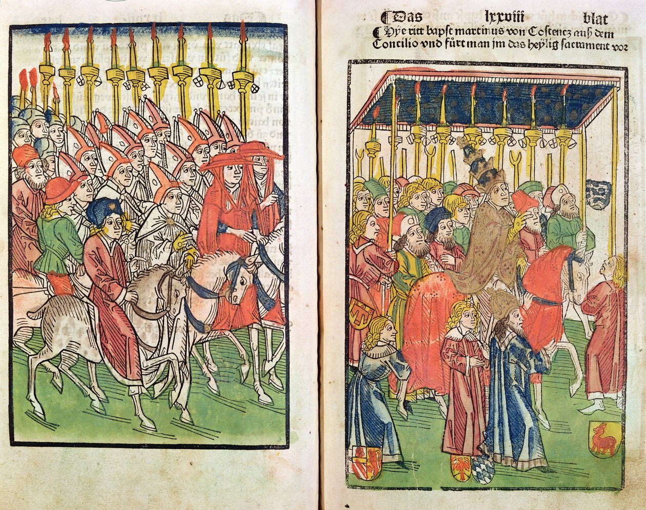 Ankunft des Gegenpapstes Johannes XXIII. (ca. 1370-1419) beim Konzil von Konstanz im Jahr 1414, 1483 von Ulrich von Richental