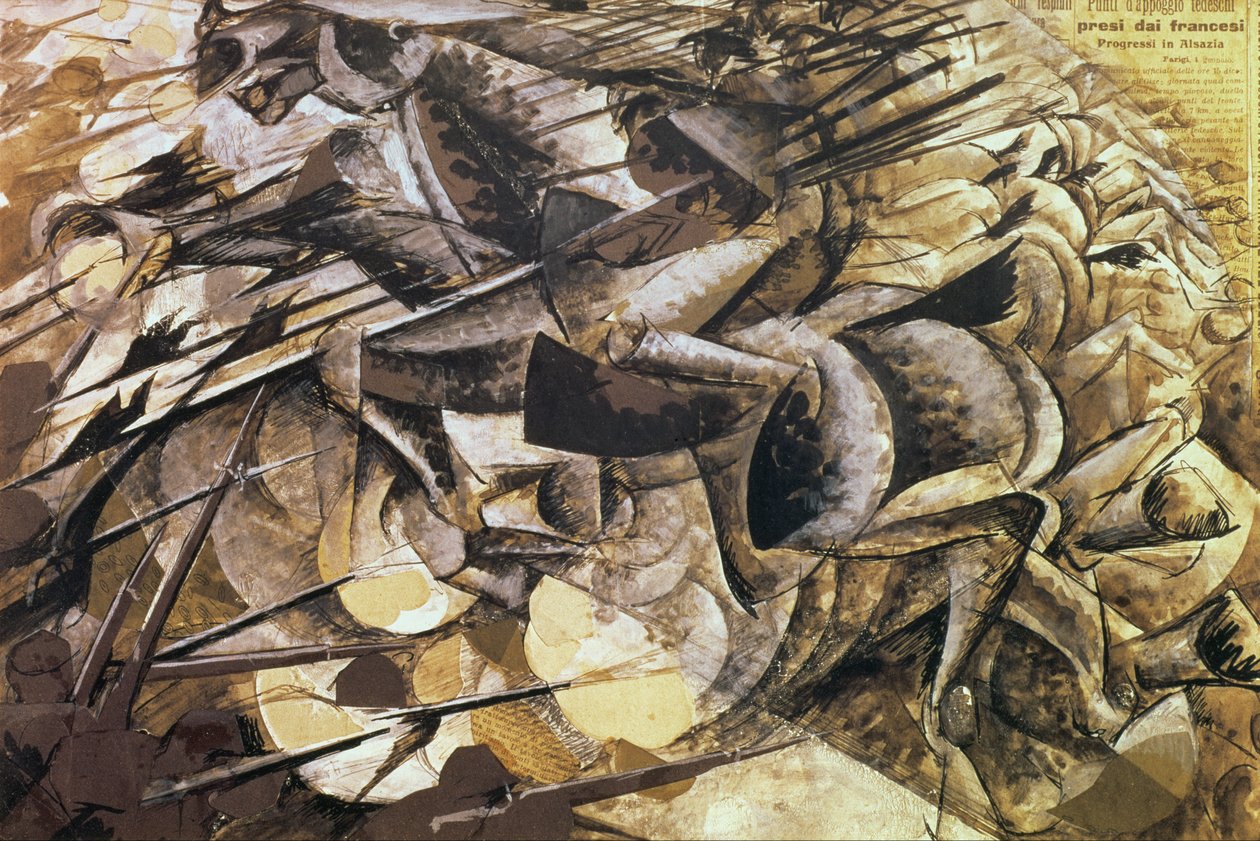 Der Angriff der Lanzenreiter, 1915 (Collage) von Umberto Boccioni