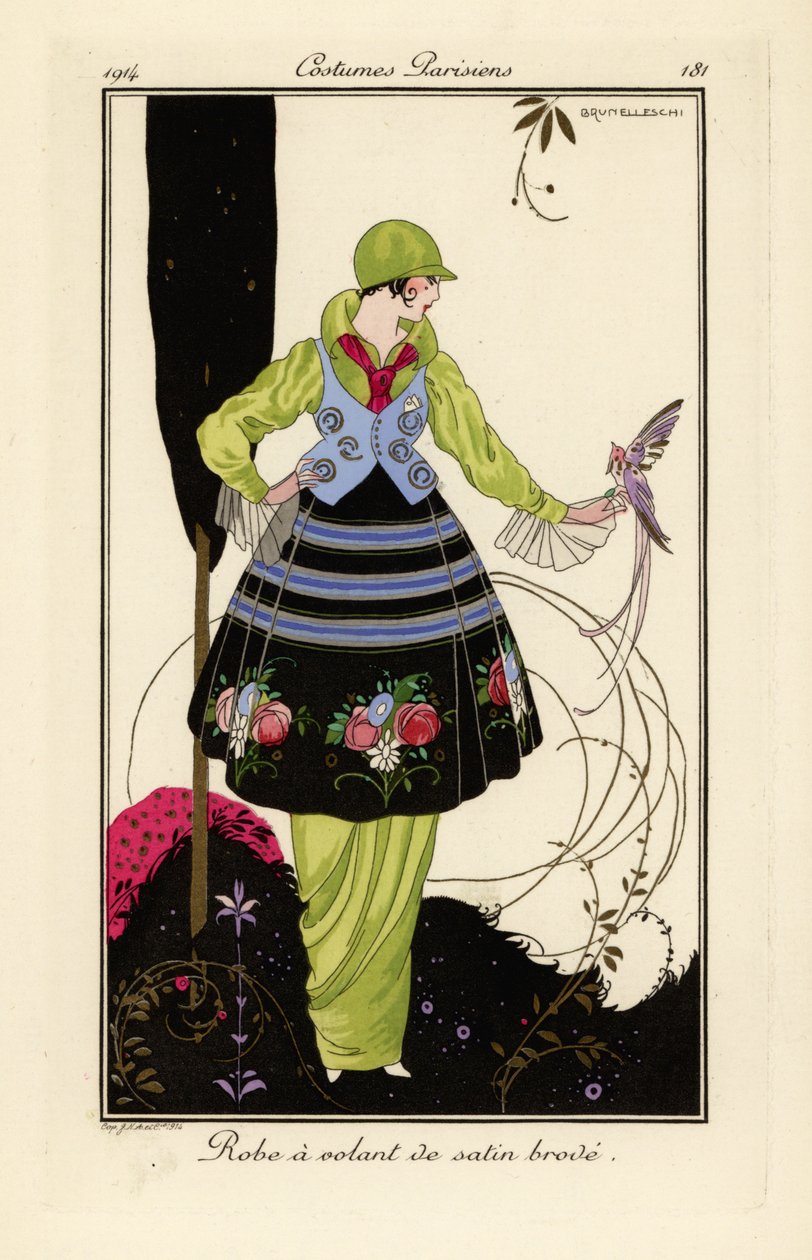 Frau im erbsengrünen Kleid mit besticktem Satinsrock von Umberto Brunelleschi