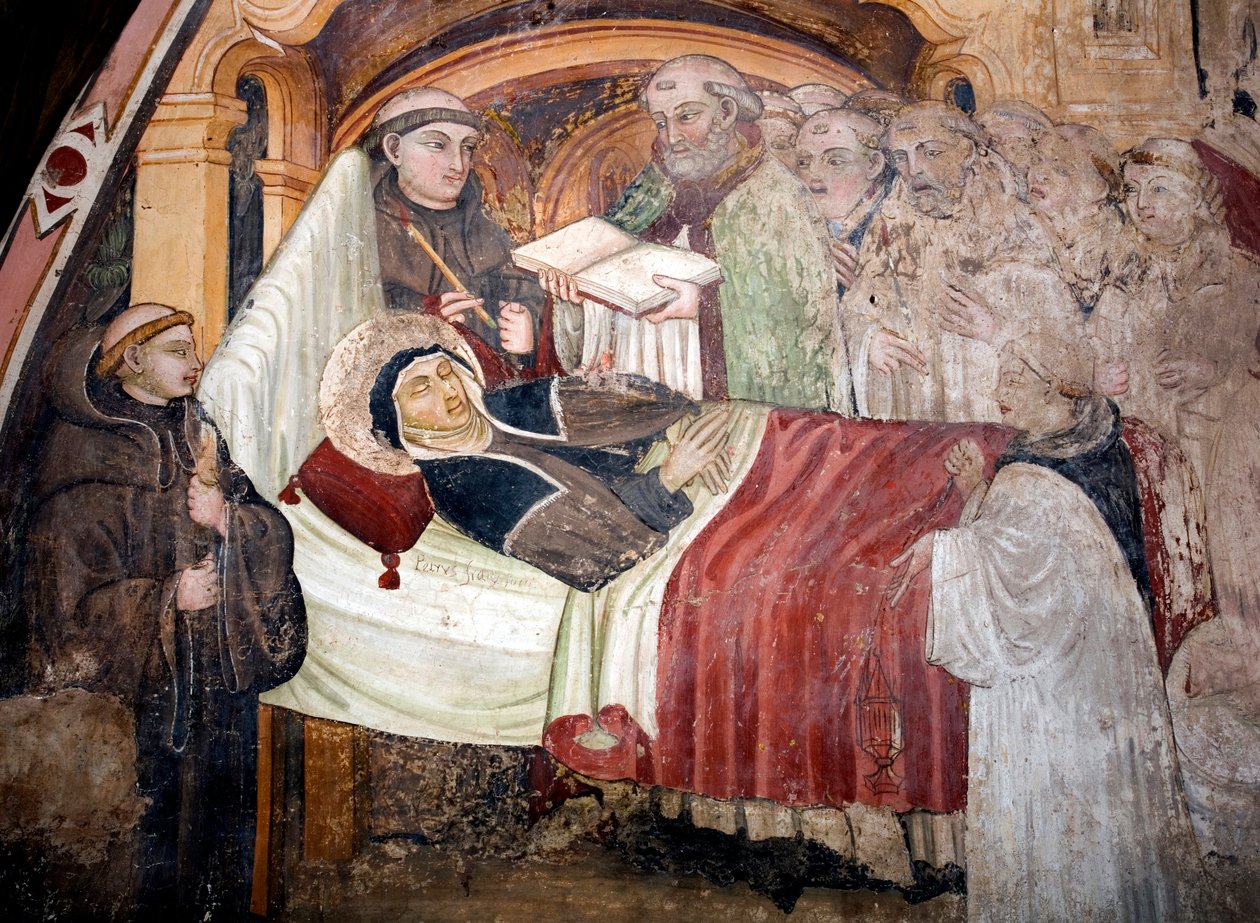 Der Tod der heiligen Scholastika (ca. 480- ca. 543), Schwester des heiligen Benedikt von Nursia. Sie ist umgeben von Benediktinermönchen. Fresko der umbrischen Schule des 15. Jahrhunderts. Kloster von Saint Benedetto (Sacro Speco), Subiaco (Rom), Italien von Umbrian School