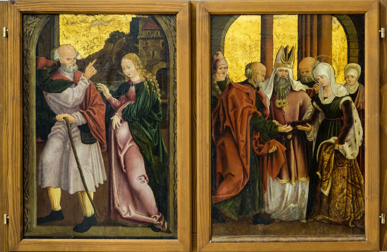 Maria und Josef suchen Zuflucht (links), Heirat der Jungfrau (rechts) von Unbekannt Unbekannt