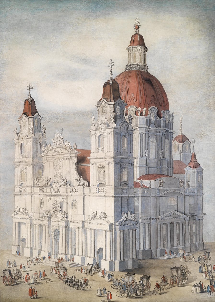 Monumentale barocke Kirche mit Figuren und Kutschen von Unbekannt Unbekannt
