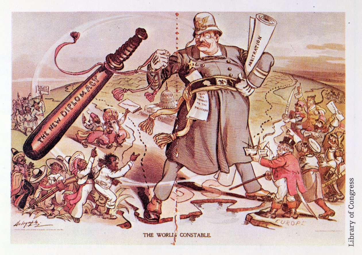 Karikatur von Präsident Roosevelt als riesiger Polizist über zwei Kontinente von Unbekannt Unbekannt