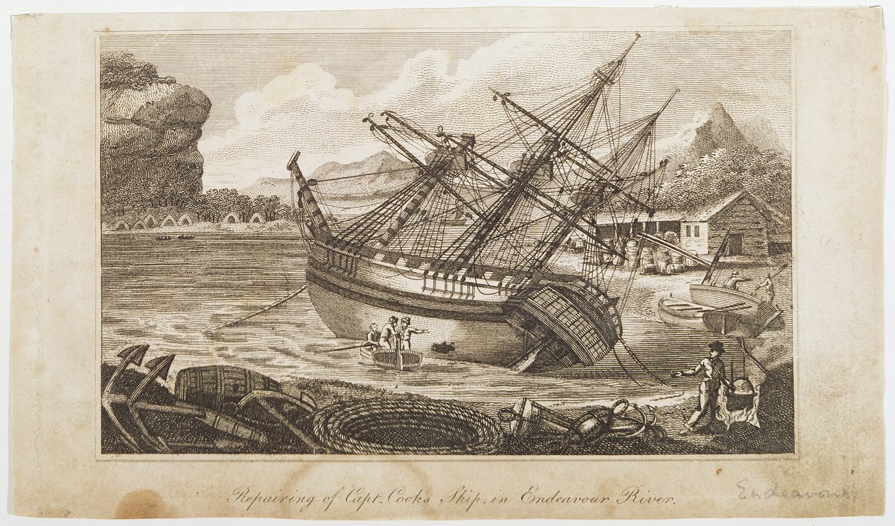 Reparatur von Captain Cooks Schiff im Endeavour River von Unbekannt Unbekannt