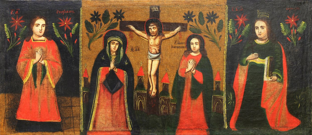 Unbekannter Maler - Heiliger Stephanus; Kruzifix mit der stehenden Jungfrau und Johannes dem Göttlichen; Heilige Varvara von Unbekannt Unbekannt