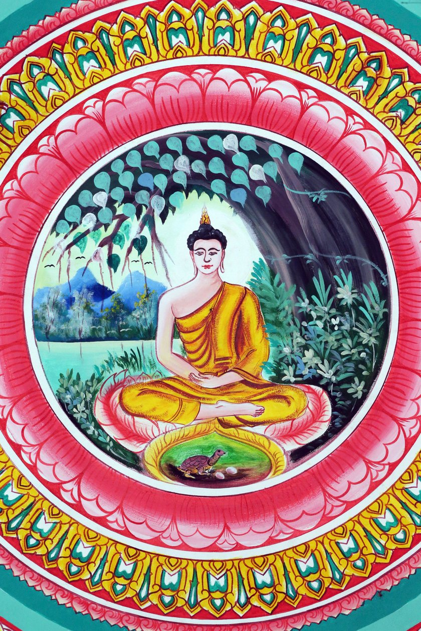 20151029, Vientiane, Laos: Wat Inpeng buddhistischer Tempel. Malerei, die die Lebensgeschichte von Shakyamuni Buddha darstellt. Buddha sitzt in der Meditationspose von Unbekannt
