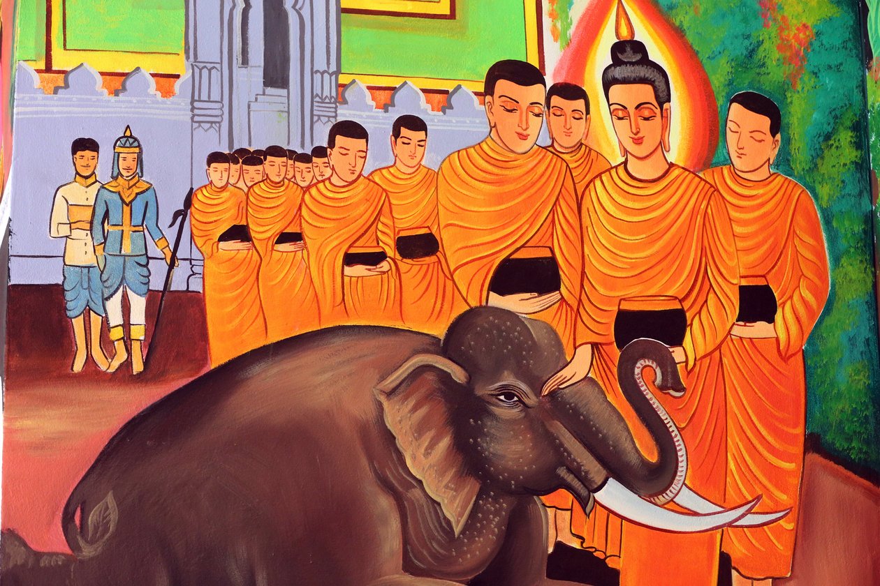 20151029, Vientiane, Laos: Wat Si Muang (Simuong) buddhistischer Tempel. Malerei, die die Lebensgeschichte von Shakyamuni Buddha darstellt. Ein wilder Elefant gezähmt durch Liebenswürdigkeit von Unbekannt