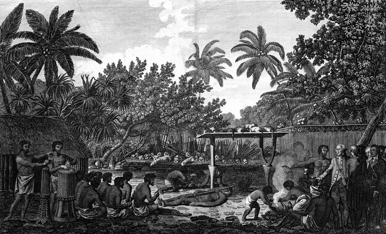 Ein Menschenopfer in einem Morai auf Otaheite in Anwesenheit von Kapitän Cook, um 1773 von Unbekannt