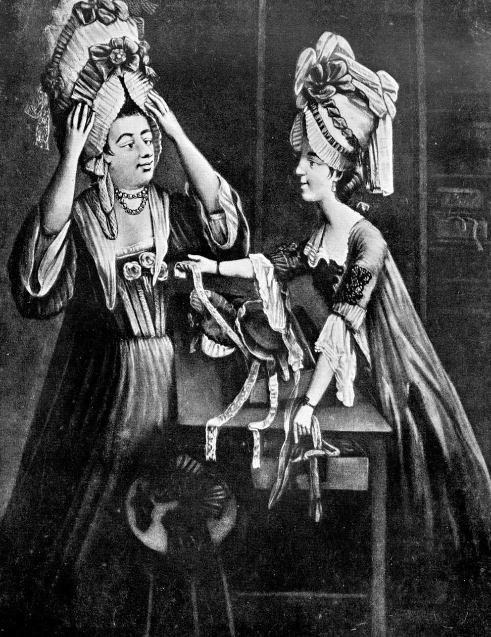 Ein Hutmacherladen, Mrs. Monopolize, die Frau des Metzgers, kauft eine moderne Kopfbedeckung, 1772 von Unbekannt