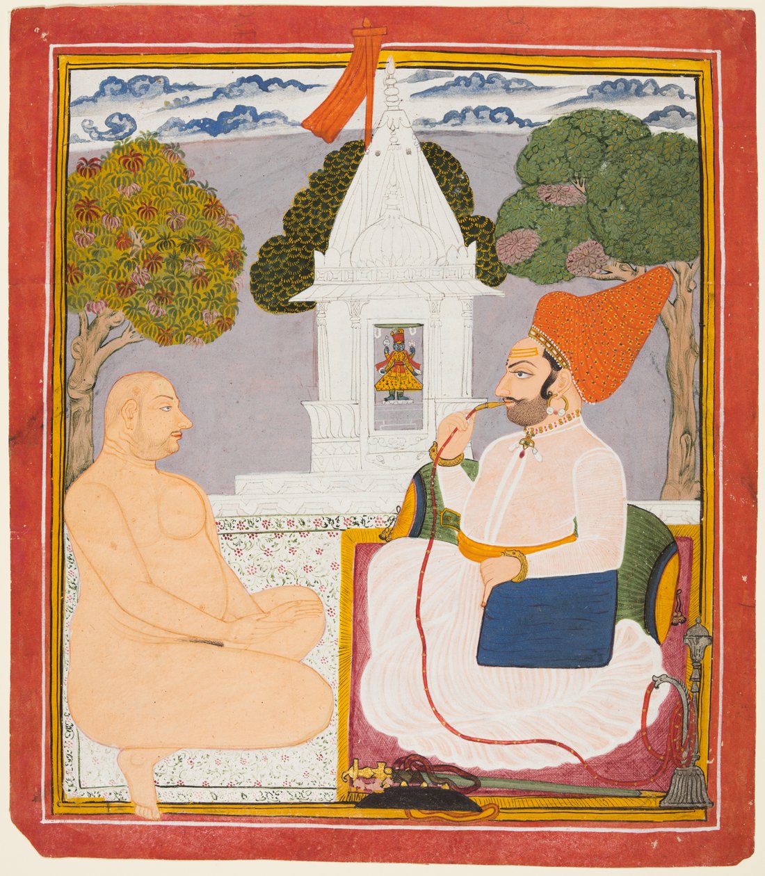 Ein Rathor-Edelmann besucht einen Digambara-Heiligen an einem Vishnu-Schrein, wahrscheinlich Baba Atmaram, ca. 1760 von Unbekannt