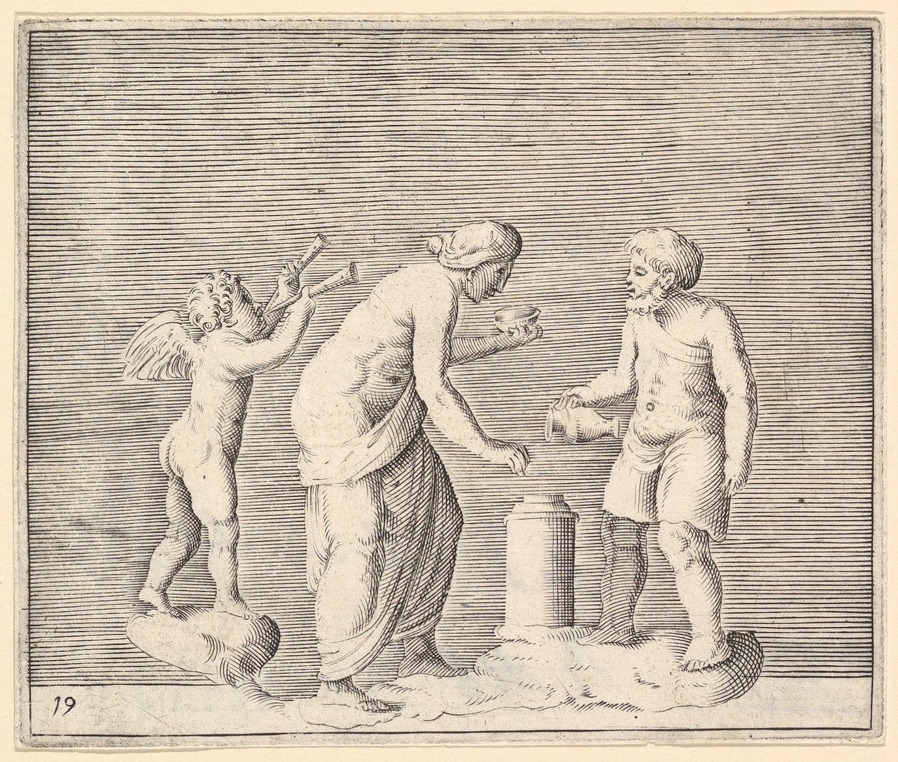 Eine Frau und ein Mann opfern in Gegenwart von Amor, veröffentlicht ca. 1599-1622 von Unbekannt