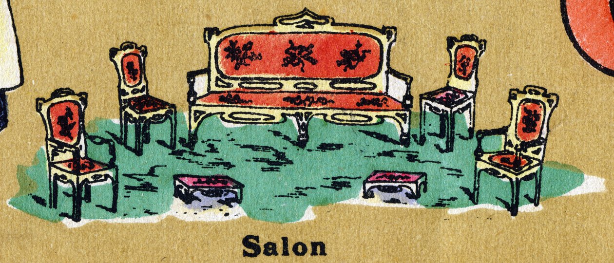 Ein Wohnzimmer mit Sessel, Stühlen und Fußstütze. Illustriertes Alphabet. Bildereien vereint in Jarville-Nancy, Anfang des 20. Jahrhunderts. Dim: 40 x 29 cm. Lithographie auf bistre Hintergrund von Unbekannt