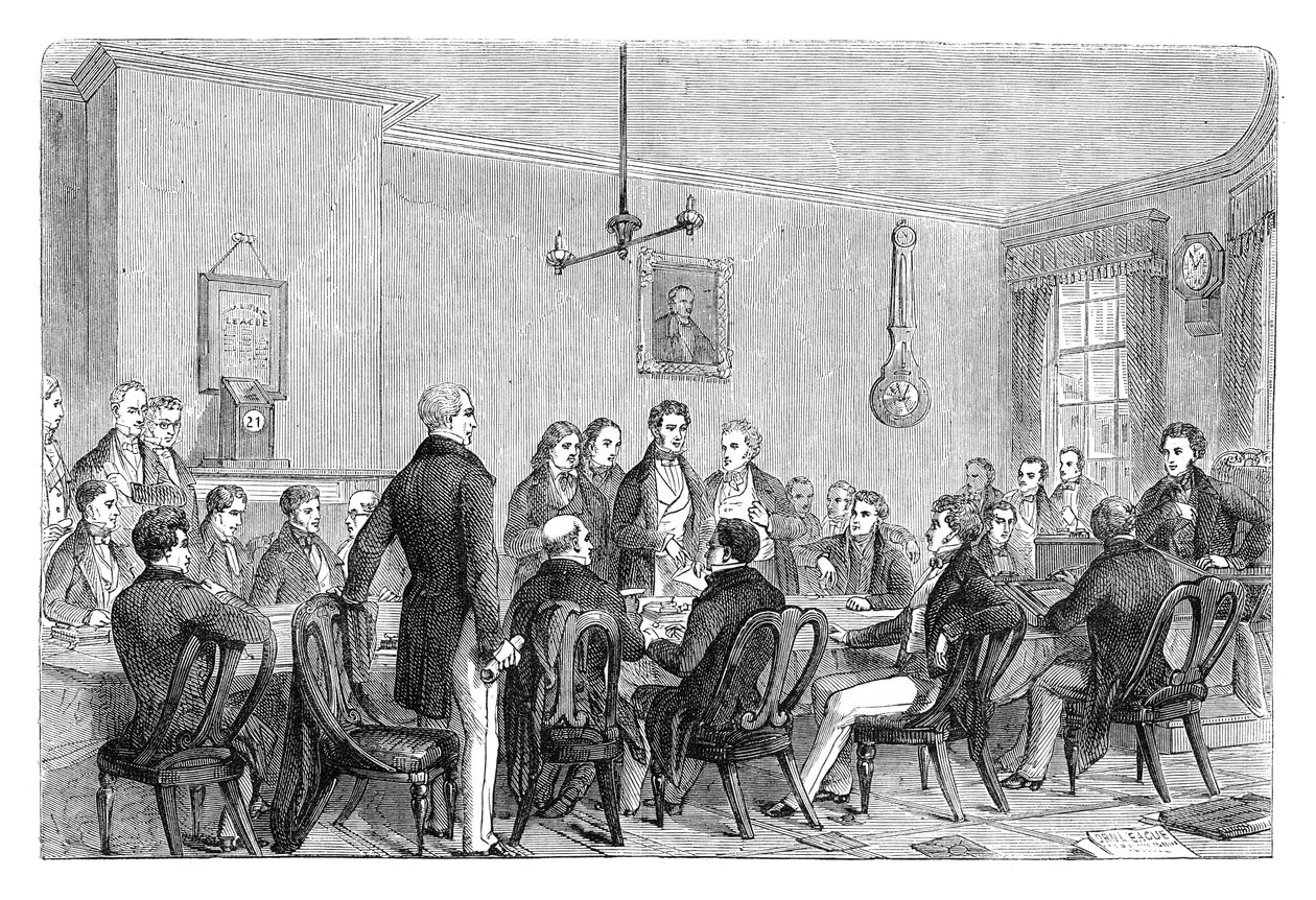 Ein Treffen der Anti-Corn Law League im Newalls Building, Manchester, 1838, ca. 1895 von Unbekannt