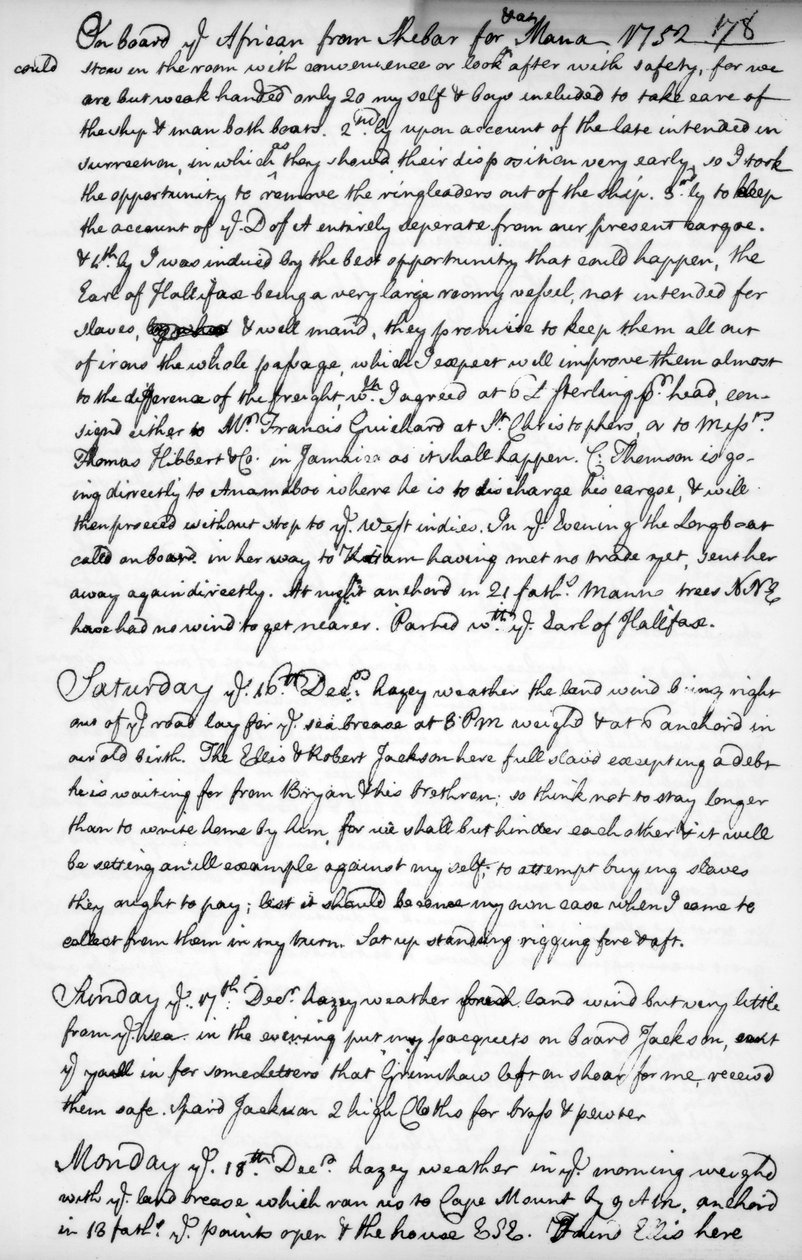 Eine Seite aus dem Tagebuch von John Newton, 1750-1754 von Unbekannt