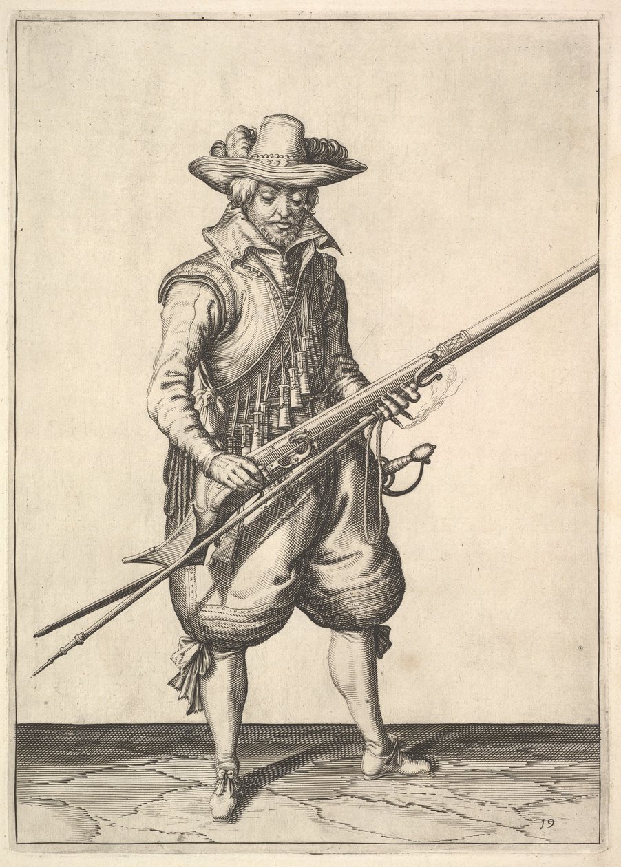 Ein Soldat schüttelt das Pulver vom oberen Teil der Pfanne, aus der Serie Musketiere, Platte 19 von Unbekannt