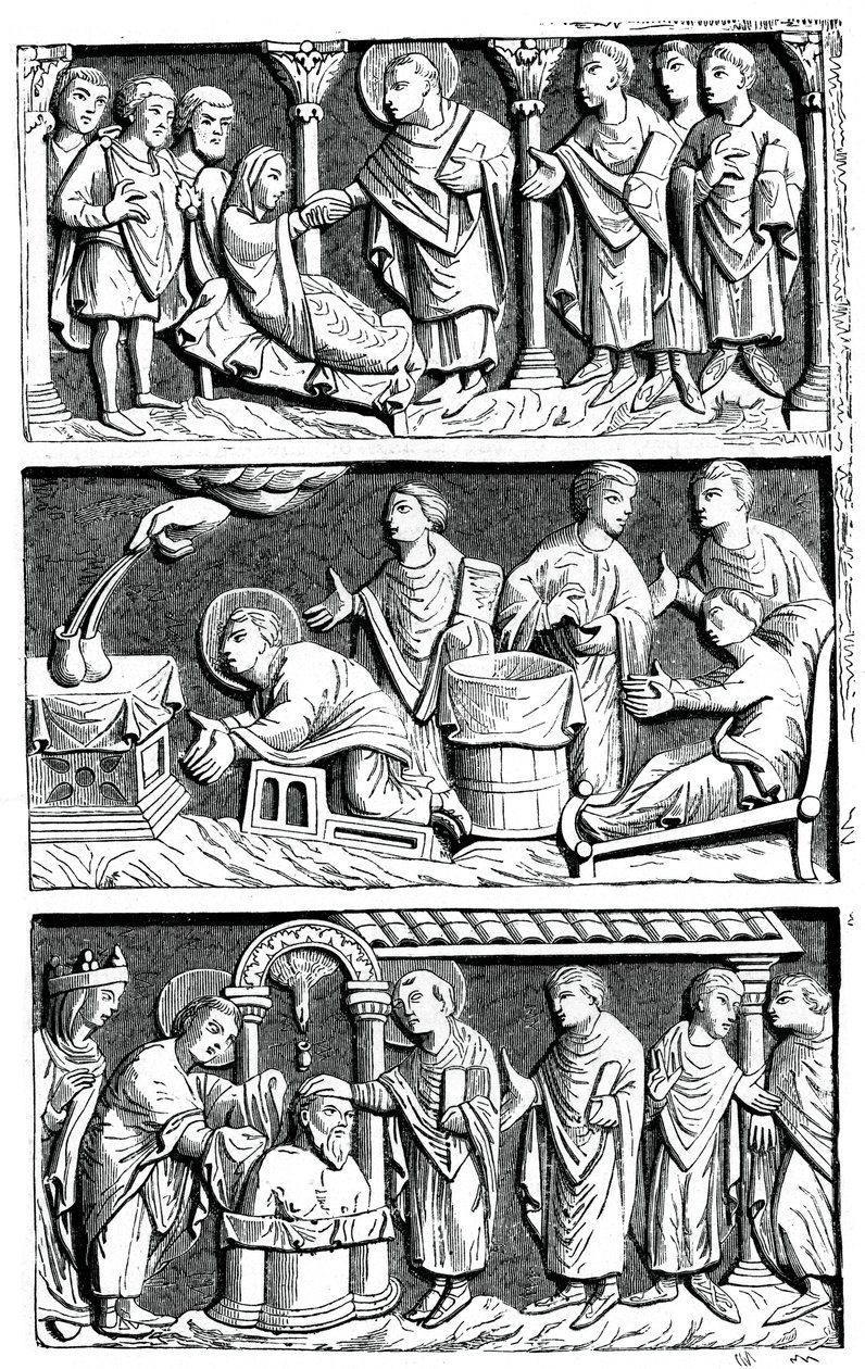 Ein Triptychon der Heilungsarbeit von St. Remy, Bischof von Reims, 11. Jahrhundert von Unbekannt