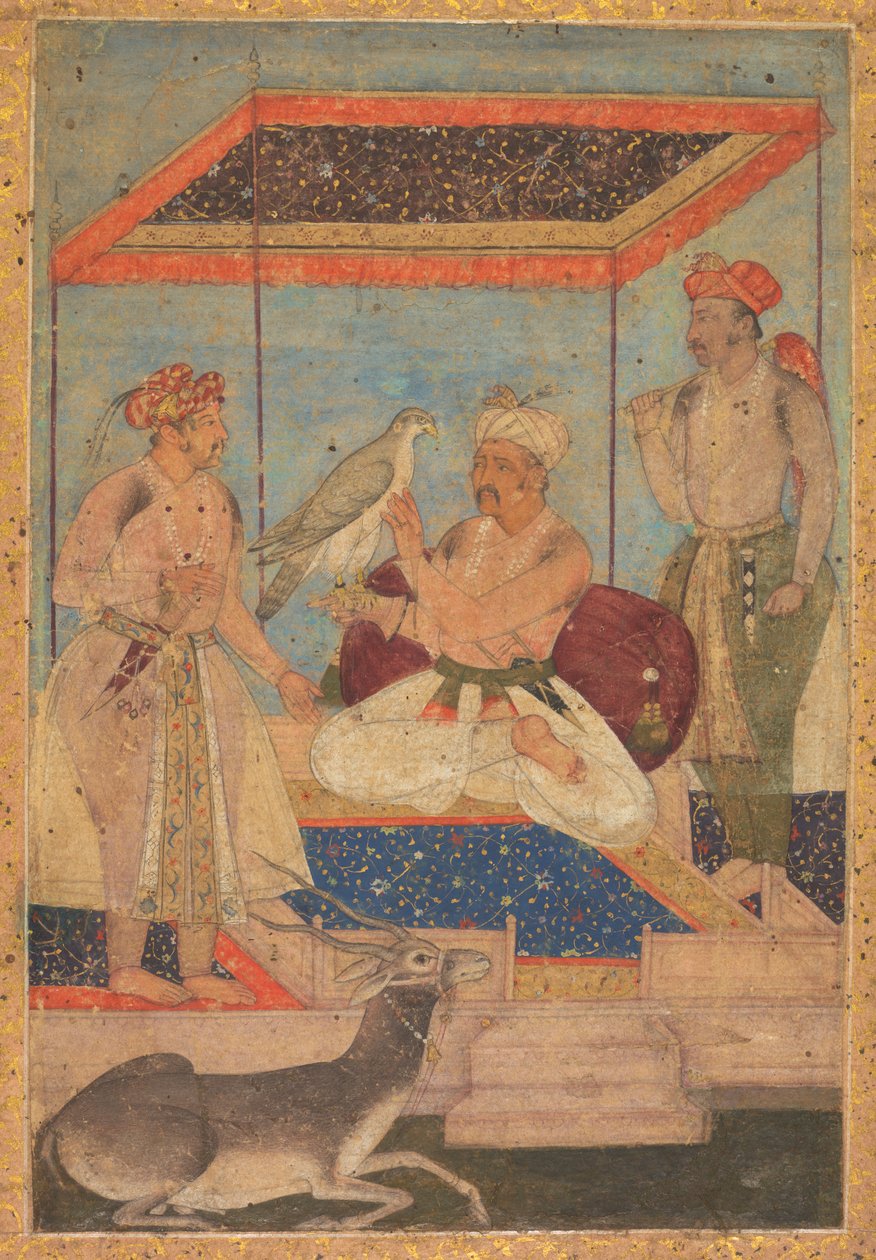 Akbar und Jahangir untersuchen einen Ghir-Falken, während Prinz Khusrau dahinter steht von Unbekannt