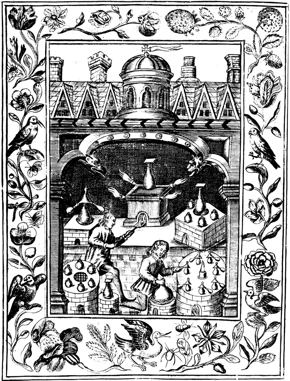 Alchemisches Labor, das verschiedene Formen von Öfen und Gefäßen zeigt, 1652 von Unbekannt