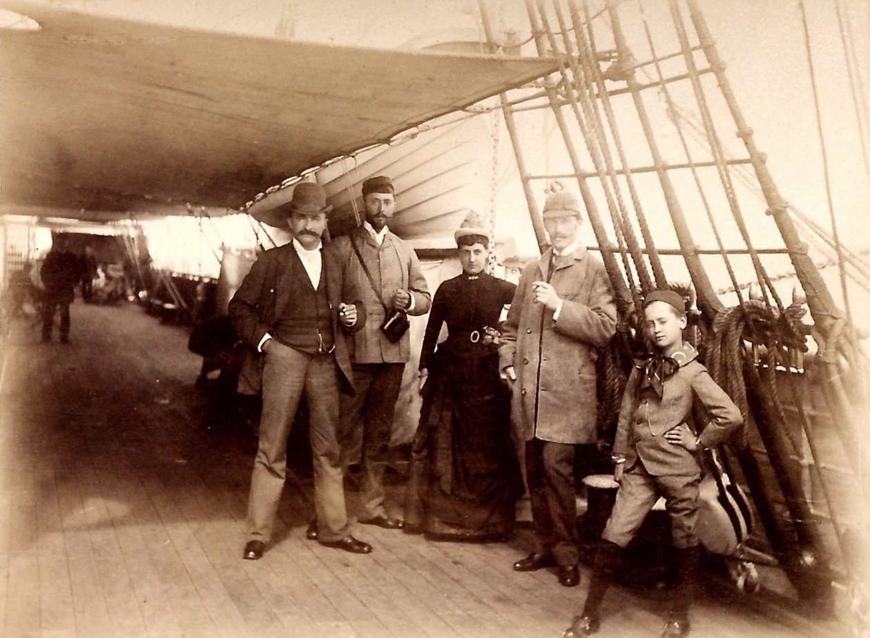 An Bord der Fulda, zeigt D. Blottnitz, Frau Dr. Hildebrand Koch, Kirchner und Wilh. Mallinkrodt überqueren den Atlantik an Bord des Dampfers Fulda von Unbekannt