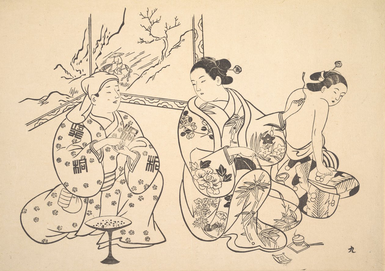 Eine Oiran sitzt in einem Salon und wendet die Feuerbehandlung auf den entblößten Rücken einer anderen Frau an von Unbekannt