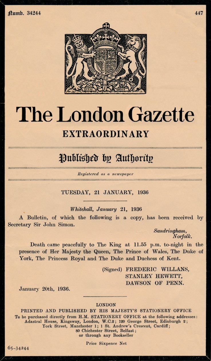 Ein außergewöhnliches Bulletin der London Gazette, das den Tod von König Georg V. ankündigt von Unbekannt