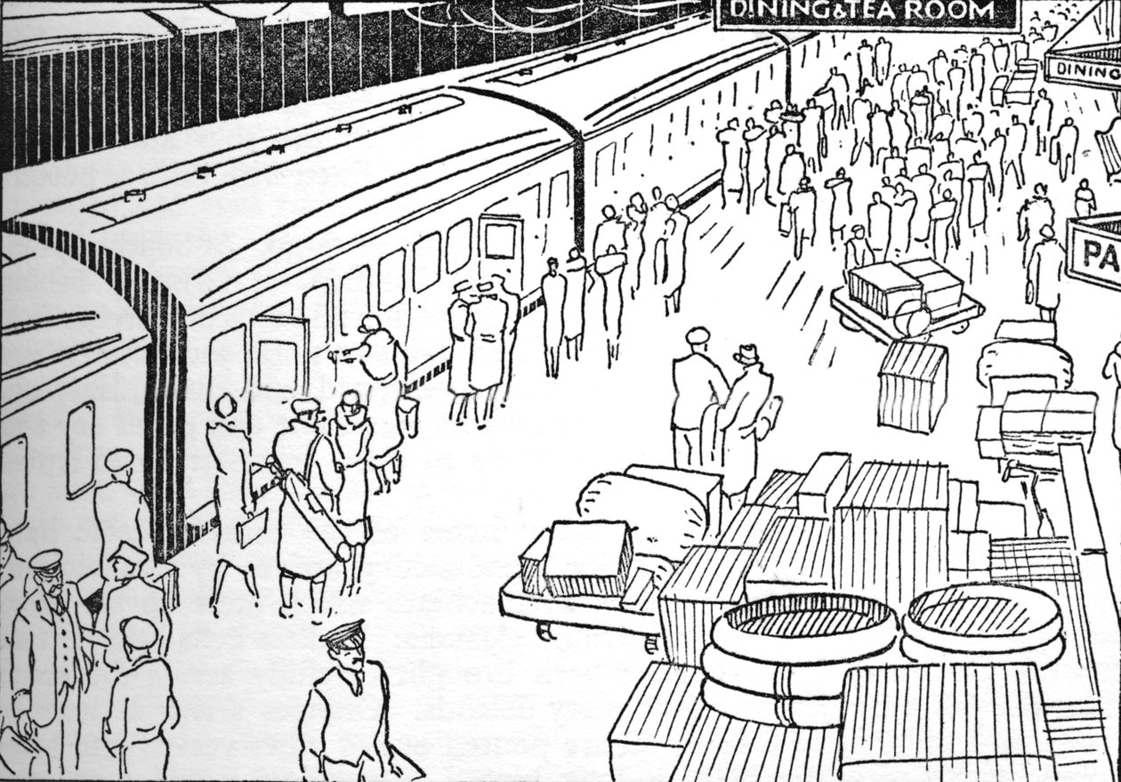 Illustration eines Bahnhofs der 1930er Jahre, 1937 von Unbekannt