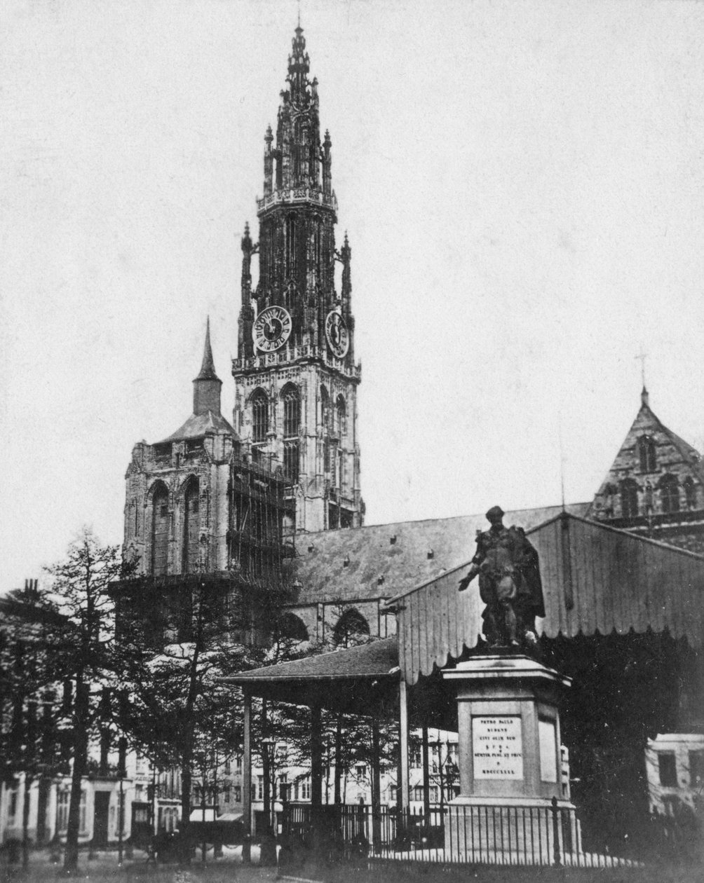 Antwerpener Kathedrale und Statue des Künstlers Peter Paul Rubens, Belgien, 1867 von Unbekannt