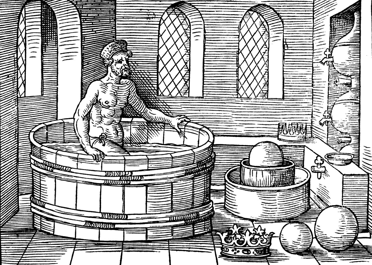 Archimedes, ca. 287-212 v. Chr., antiker griechischer Mathematiker und Erfinder, in seinem Bad von Unbekannt