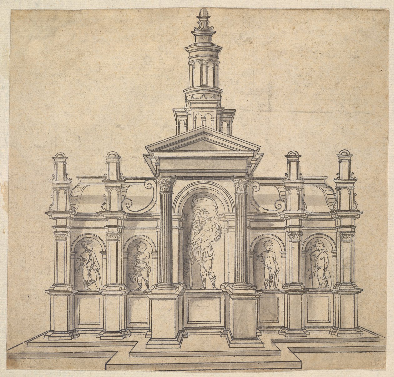 Architektonisch geformtes Tabernakel mit einem Heiligen und vier Putti, ca. 1530-49 von Unbekannt