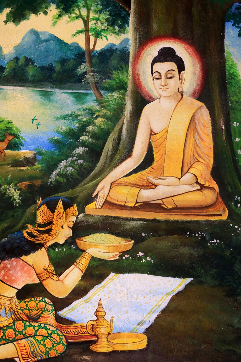 Asketischer Buddha wurde am Morgen seiner Erleuchtung von Nandabala eine Schale Milchreis angeboten. Gemälde, das die Lebensgeschichte von Shakyamuni Buddha darstellt. Wat Ong Teu Mahawihan. Tempel des Schweren Buddha. Vientiane. Laos, 20151028, Vientiane, von Unbekannt