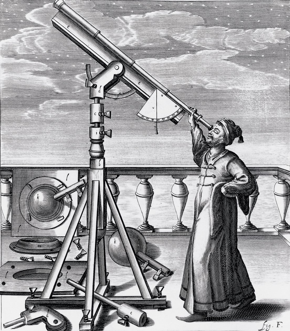 Astronomisches Teleskop mit Beobachter von Unbekannt
