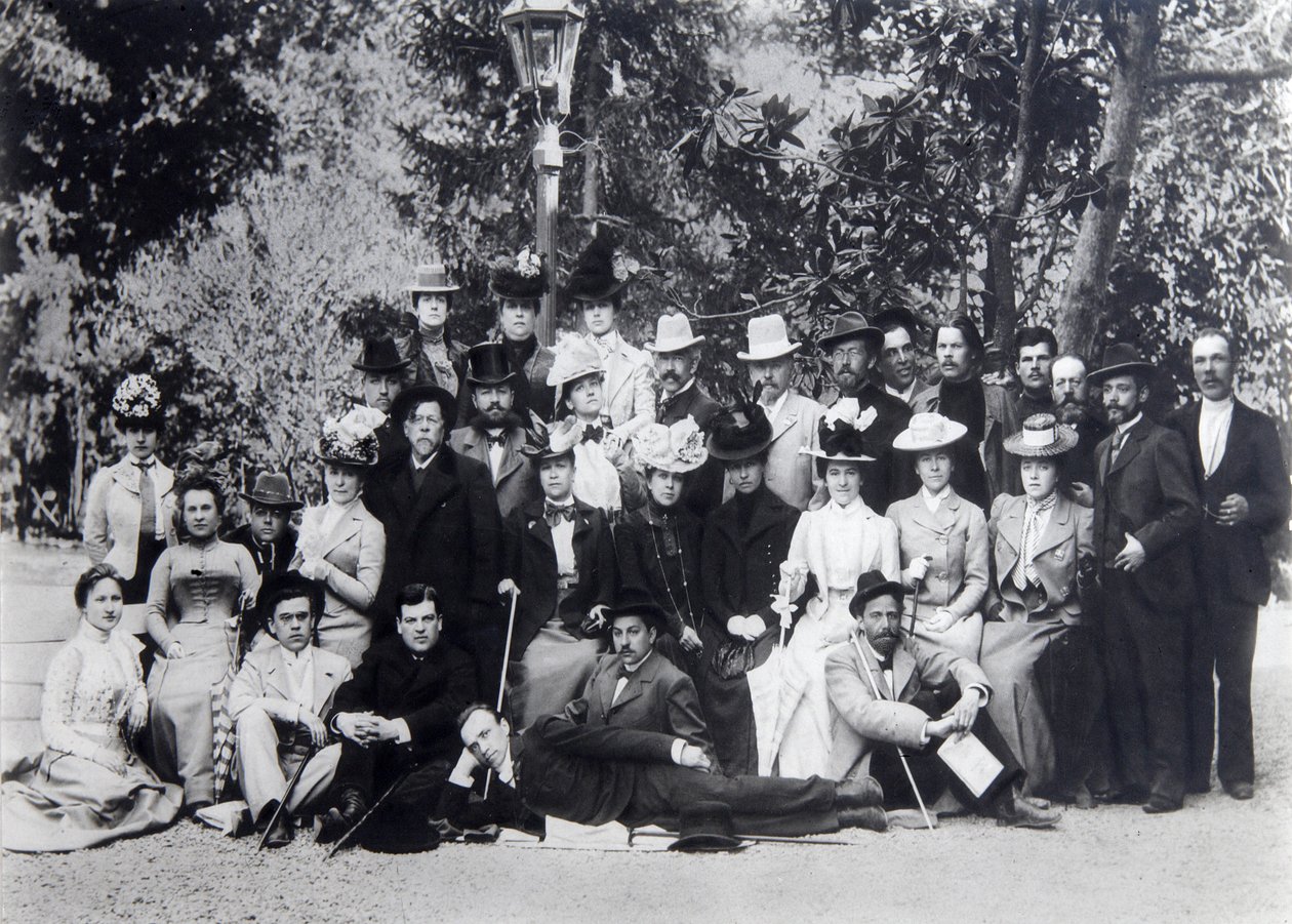 Autor Maxim Gorki und Anton Tschechow zwischen den Schauspielern des Moskauer Künstlertheaters, 1900 von Unbekannt