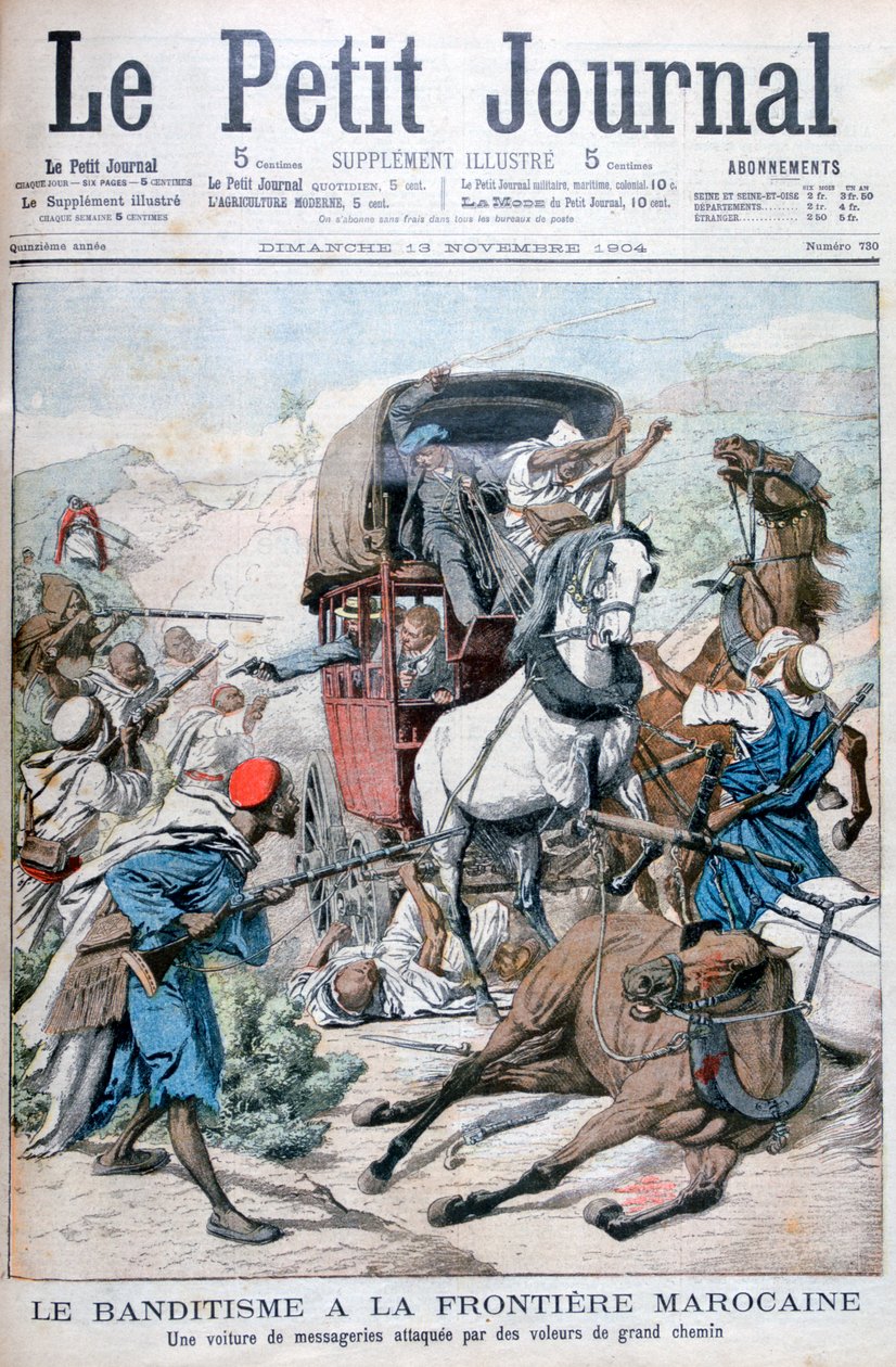 Banditen greifen eine Postkutsche an der marokkanischen Grenze an, 1904 von Unbekannt