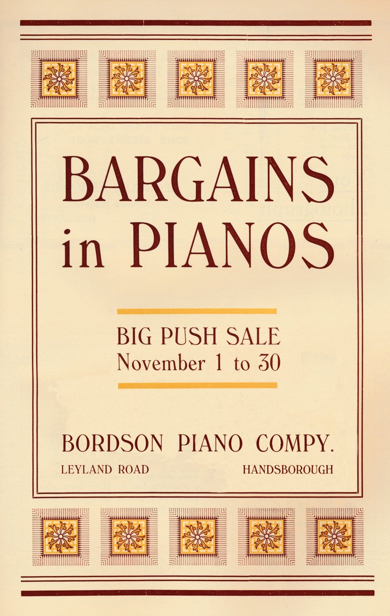 Angebote für Klaviere - Bordson Piano Company Werbung, 1916 von Unbekannt
