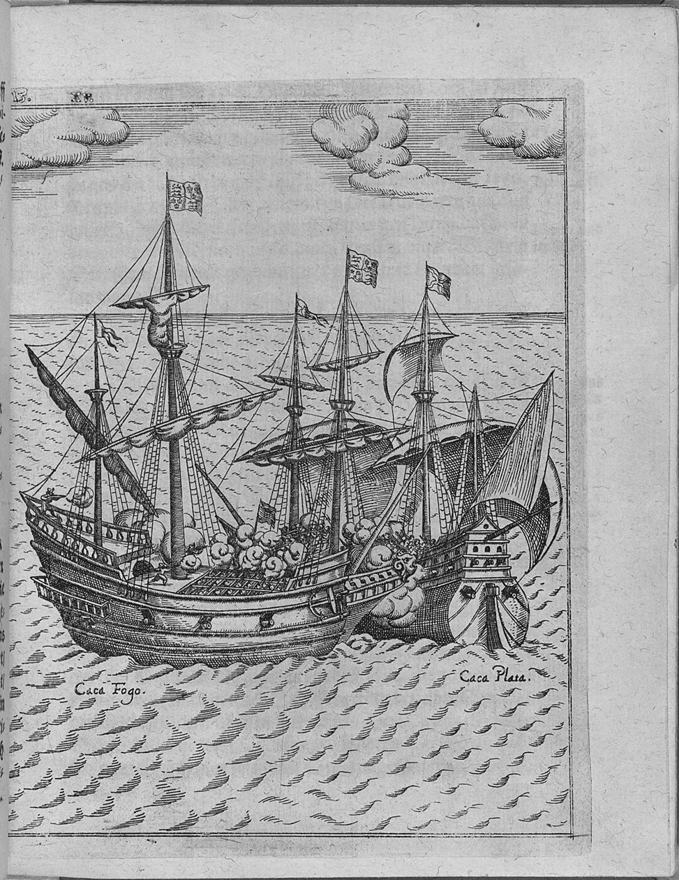 Schlacht zwischen Francis Drakes Schiff Golden Hind und dem spanischen Schiff Cacafuego. Von Levinus Hulsius von Unbekannt