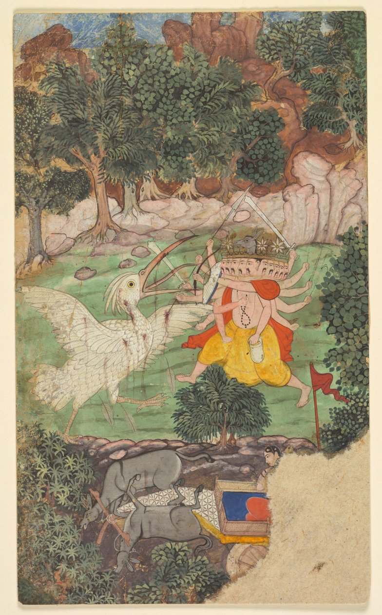 Schlacht von Ravana und Jatayu, aus Kapitel 49 des Aranya-kanda Buch des Waldes..., ca. von Unbekannt