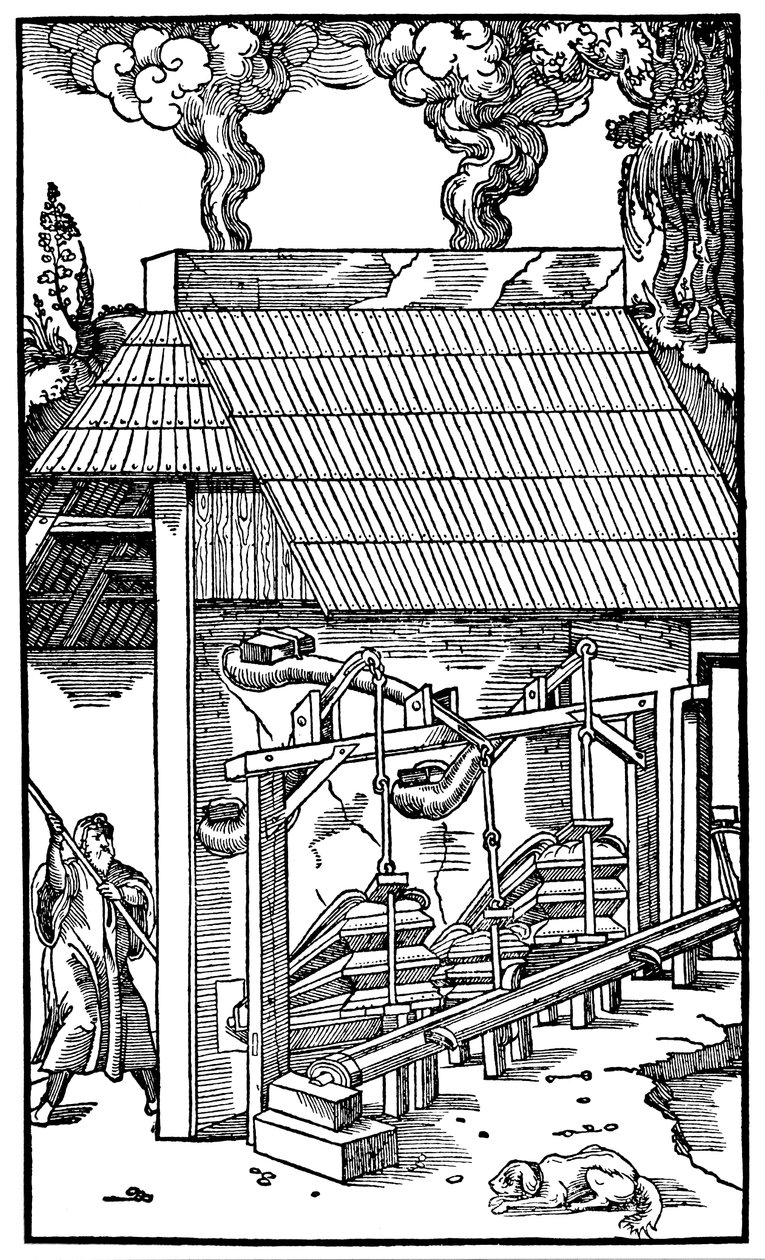 Blasebälge, die Zugluft zu einem Schmelzofen liefern, 1556 von Unbekannt