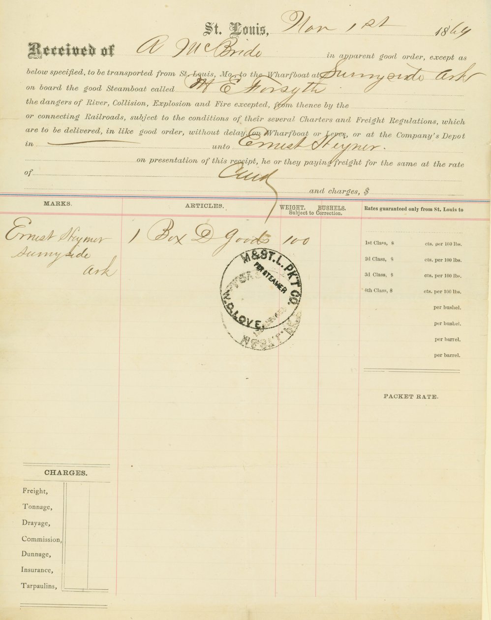 Frachtbrief, Dampfschiff M[ary] E. Forsyth, Sunnyside, Arkansas, 1. November 1864 von Unbekannt